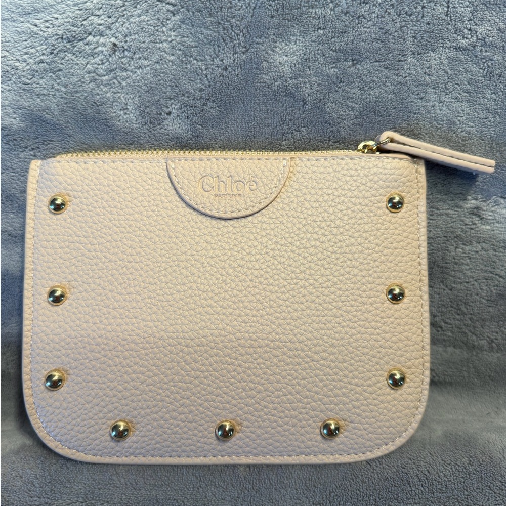 Chloé Pale Pink Pebbled Leather Zip Pouch with Gold Studs